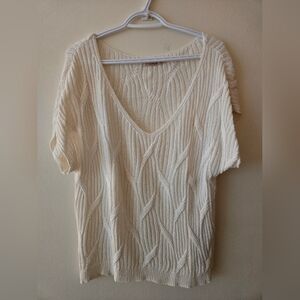 Esqualo XL Cream Knit Short Sleeve Sweater With V Neck